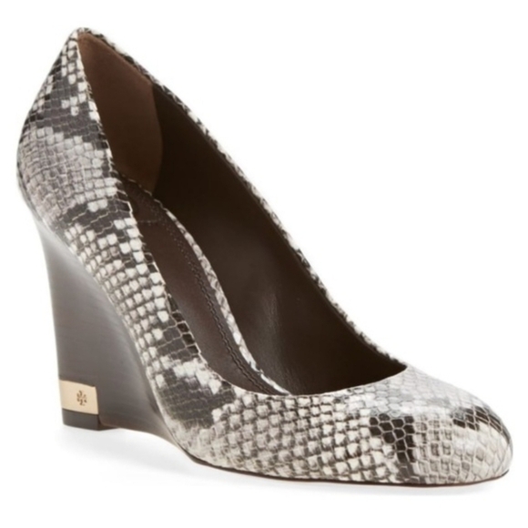 Tory Burch Shoes - TORY BURCH Logo Snakeskin Wood Stacked Wedge Heel Brown Black White